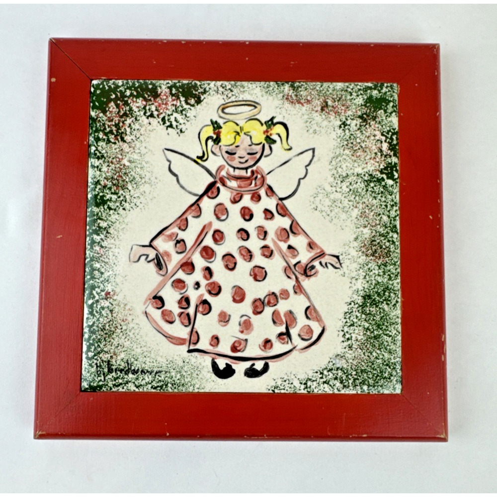 Wood Framed Angel Tile Trivet/Wall Hanging Christmas Artist BJ Bredbenner